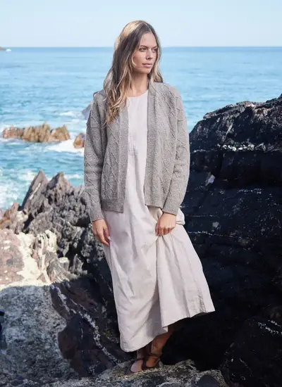 Fisherman Cashmere Open Diamond Cardigan in Muesli